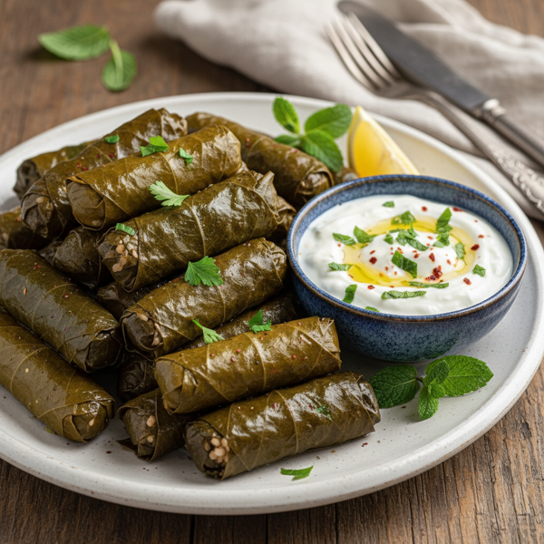 Mediterranean Stuffed Grape Leaves with Creamy Yogurt-Mint Dip recipe