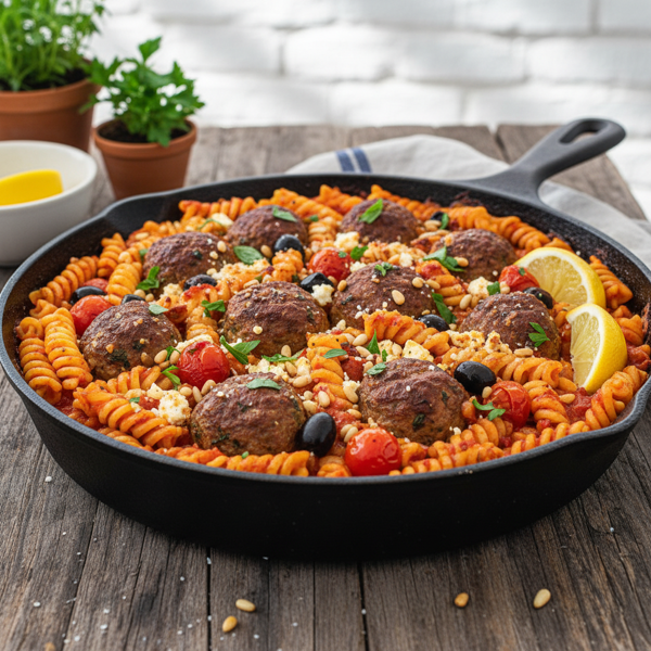 Mediterranean Summer Meatball Pasta Skillet recipe