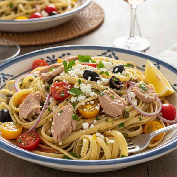 Mediterranean Tuna Linguine Salad recipe
