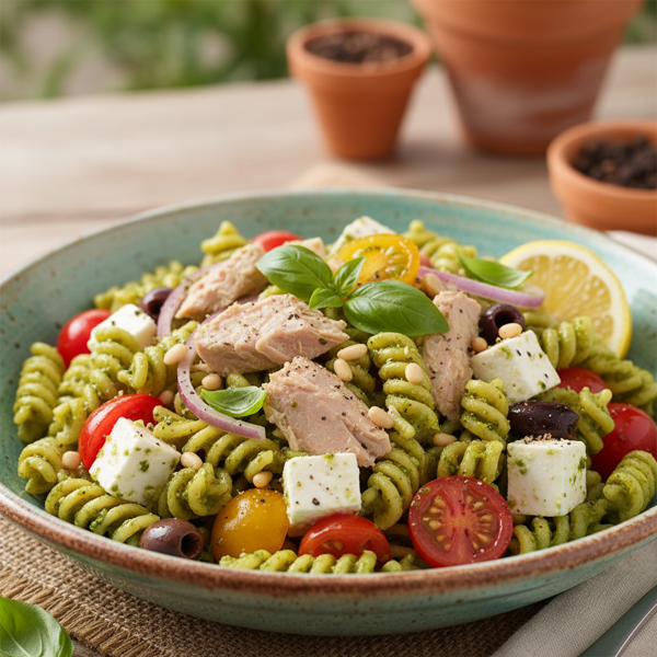 Mediterranean Tuna Pesto Pasta Salad recipe