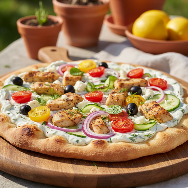 Mediterranean Tzatziki Chicken Flatbread Pizza recipe