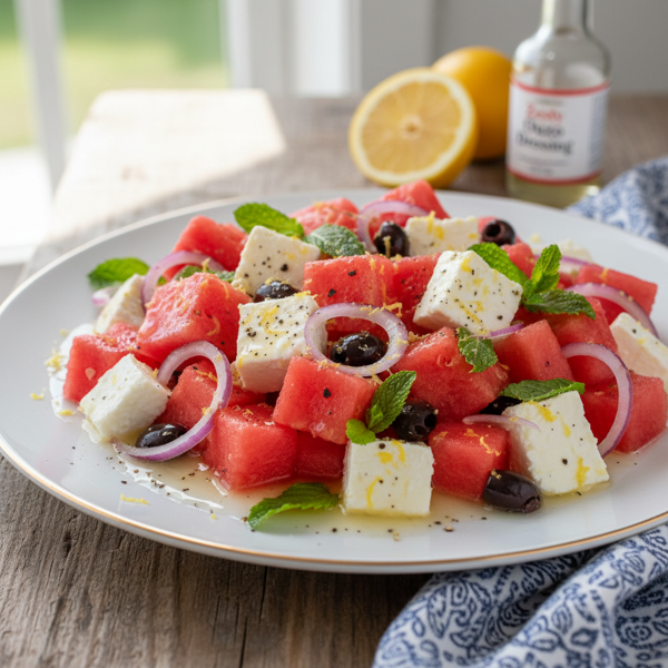 Mediterranean Watermelon & Feta Salad with Zesty Ouzo Dressing recipe