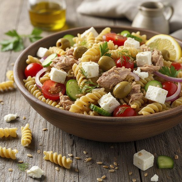 Mediterranean Whole Grain Pasta Salad with Feta, Tuna, and Olives recipe
