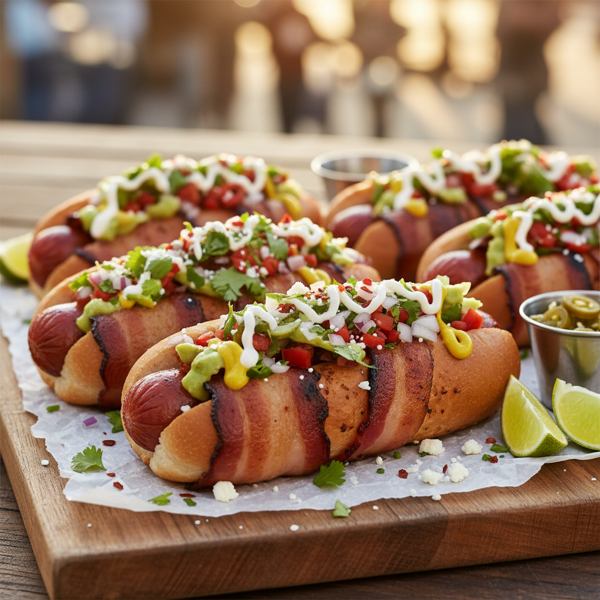 Mexican Street-Style Bacon-Wrapped Hot Dogs recipe