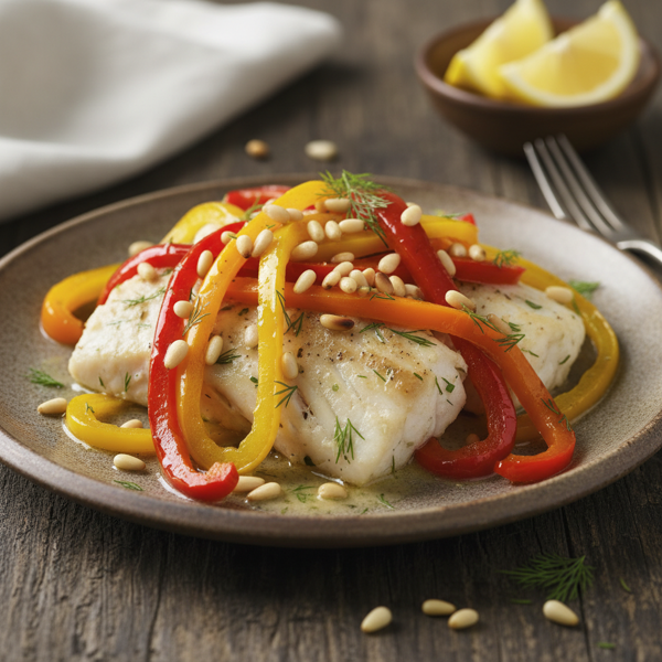 Microwave Marinated Fish Fillets with Bell Peppers and Crispy Pine Nuts recipe
