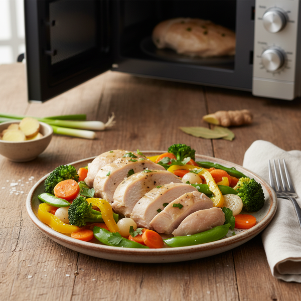 Microwave Poached Chicken with Savory Vegetable Medley recipe