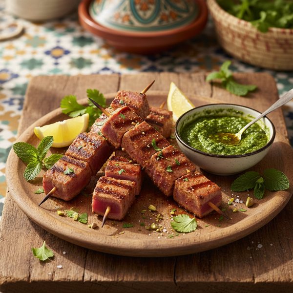 Moroccan-Spiced Tuna Skewers with Chermoula Sauce recipe