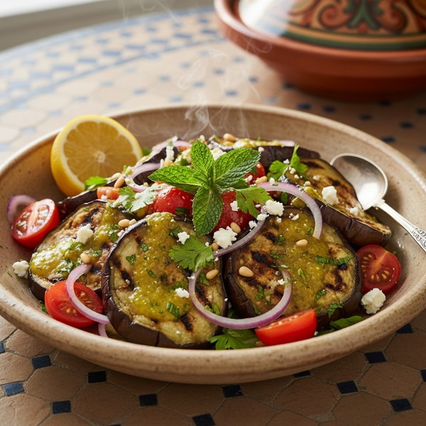 Moroccan Grilled Eggplant Salad with Lemon Herb Dressing recipe