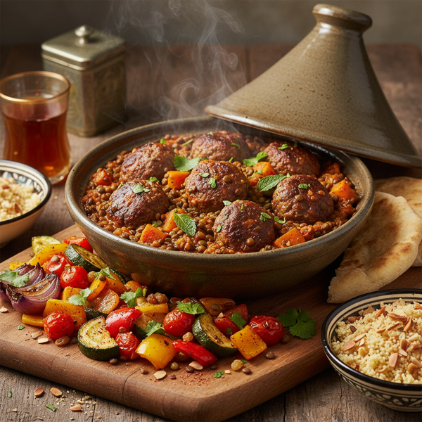 Moroccan Spiced Meatball and Lentil Casserole with Roasted Vegetable Medley recipe