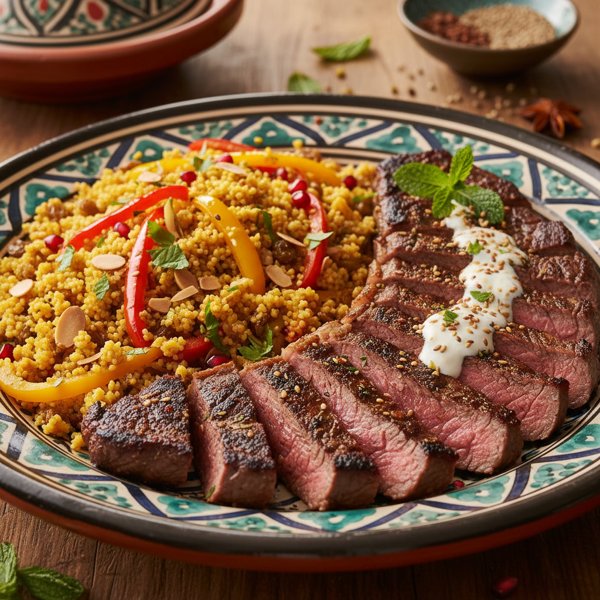 Moroccan Spiced Skirt Steak with Roasted Bell Pepper Couscous recipe