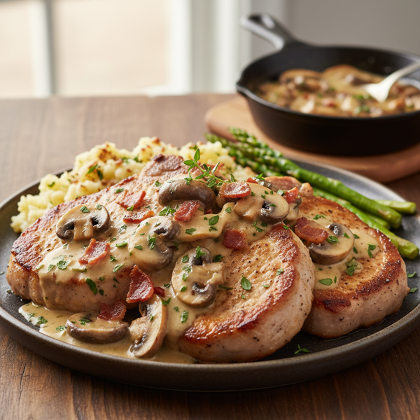 Mouthwatering Creamy Mushroom and Bacon Smothered Pork Chops recipe