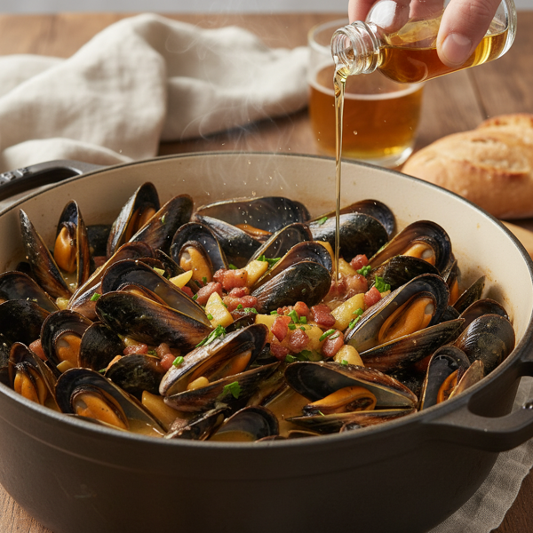 Mussels à la Normande with Apple Brandy & Bacon recipe