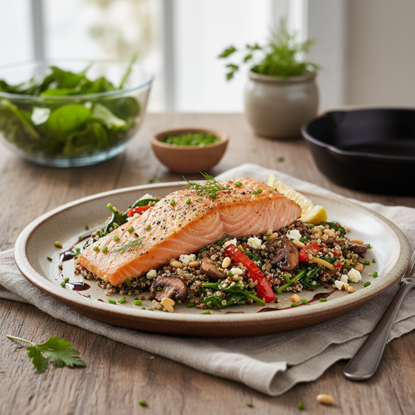 Nourishing Quinoa Pilaf with Pan-Seared Salmon, Spinach & Savory Mushrooms recipe
