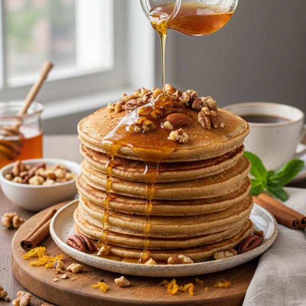 Nutty Spiced Whole Wheat Pancakes with Honey-Cinnamon Drizzle recipe