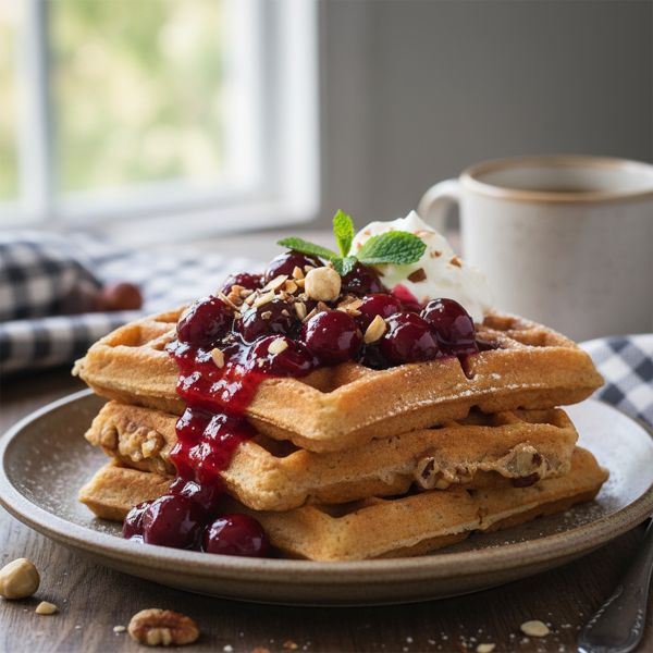 Nutty Whole-Wheat Waffles with Homemade Cherry Sauce recipe