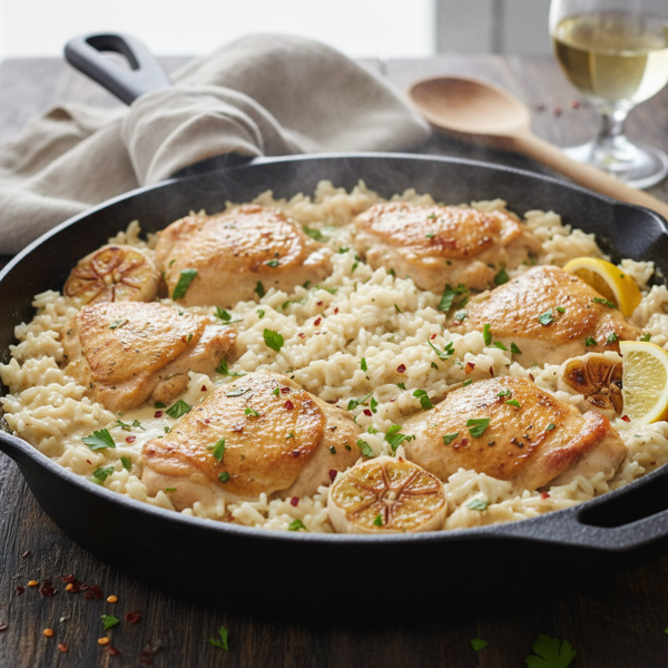 One-Pan Creamy Garlic Chicken and Rice Delight recipe