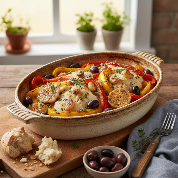 Oven-Baked Bacalhau with Garlic, Peppers, and Olives recipe