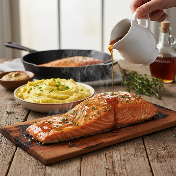 Oven-Baked Cedar Planked Salmon with Sweet Maple Glaze & Creamy Mustard Mash recipe