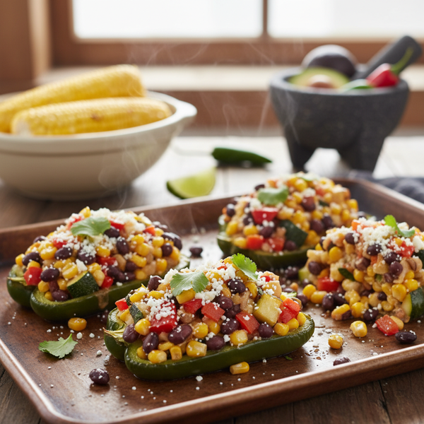 Oven-Baked Corn & Veggie Stuffed Poblano Peppers recipe