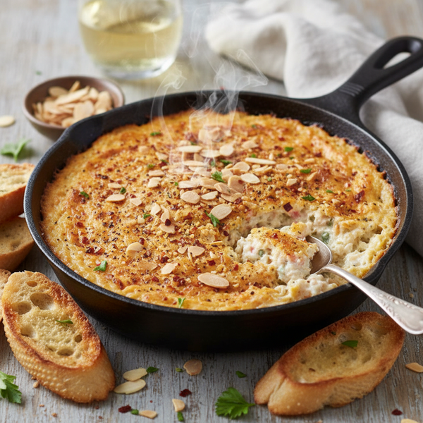 Oven-Baked Creamy Crab Dip with Old Bay and Toasted Almonds recipe