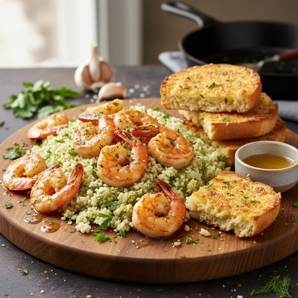 Oven-Baked Garlic Butter Shrimp with Herbed Cauliflower Rice and Parmesan Bread recipe