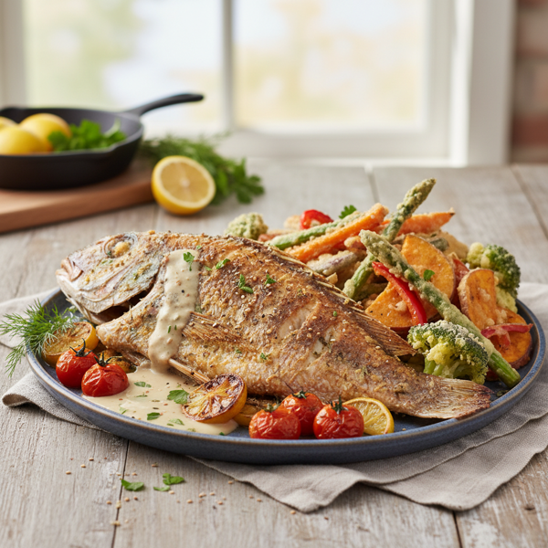 Oven-Baked Snapper with Creamy Tahini and Crispy Tempura Veggies recipe