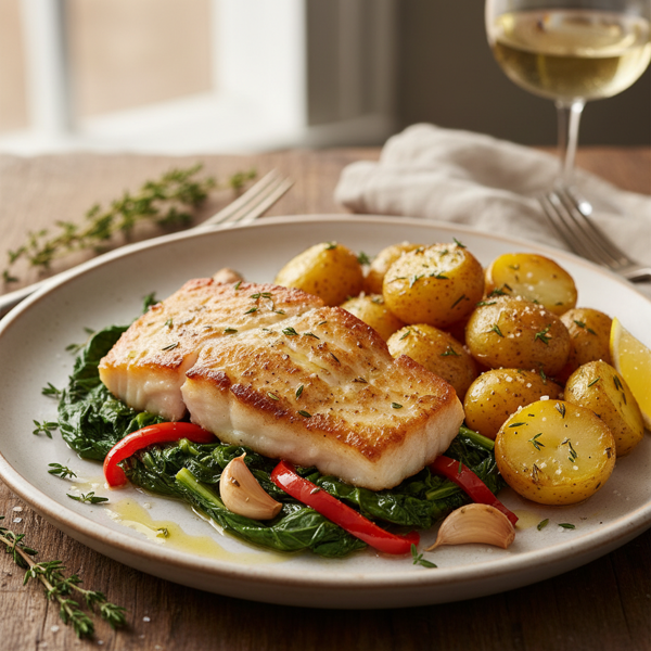 Pan-Seared Chilean Sea Bass with Garlic Swiss Chard & Rosemary Potatoes recipe