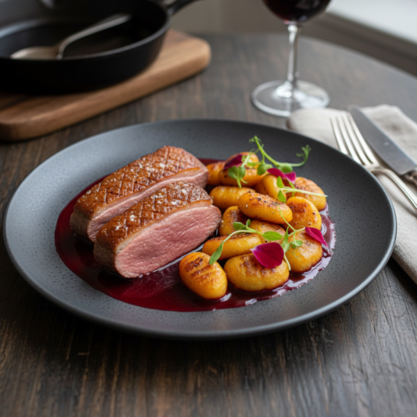 Pan-Seared Duck Breast with Beet-Infused Red Wine Reduction and Butternut Squash Gnocchi recipe