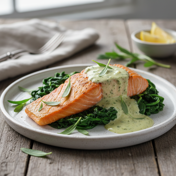 Pan-Seared Salmon on Wilted Spinach with Creamy Tarragon Sauce recipe