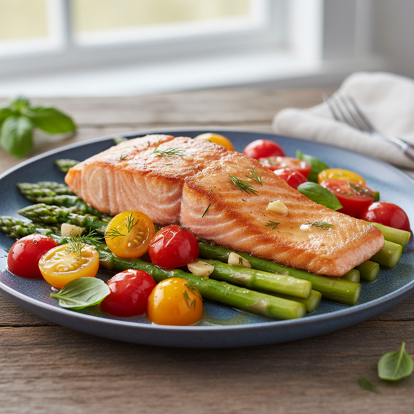 Pan-Seared Salmon with Sautéed Asparagus and Cherry Tomato Medley recipe