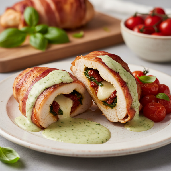 Parma-Wrapped Stuffed Chicken with Creamy Basil Sauce recipe
