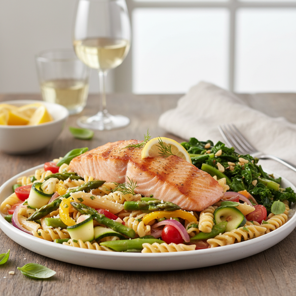 Pasta Primavera with Grilled Salmon & Stir-Fried Greens recipe