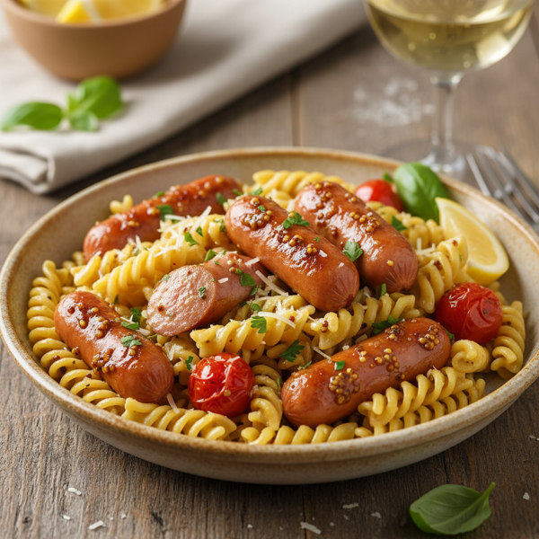 Pasta with Mustard-Glazed Vienna Sausages recipe