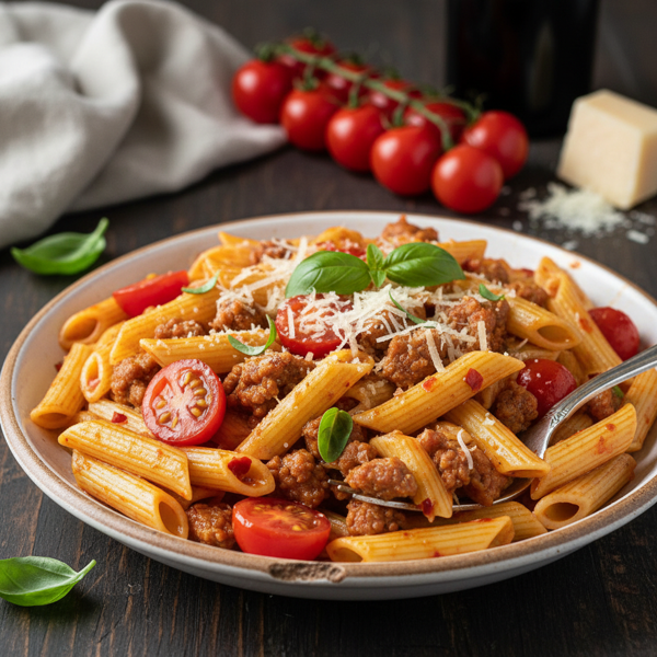 Penne with Spicy Sausage, Fresh Tomatoes, and Pecorino recipe