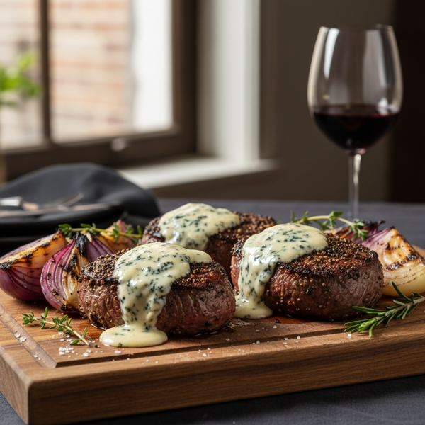 Peppered Sirloin Steaks with Stilton and Charred Onions recipe