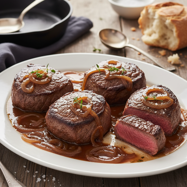 Perfectly Pan-Seared and Oven-Roasted Steaks with Onion Au Jus recipe