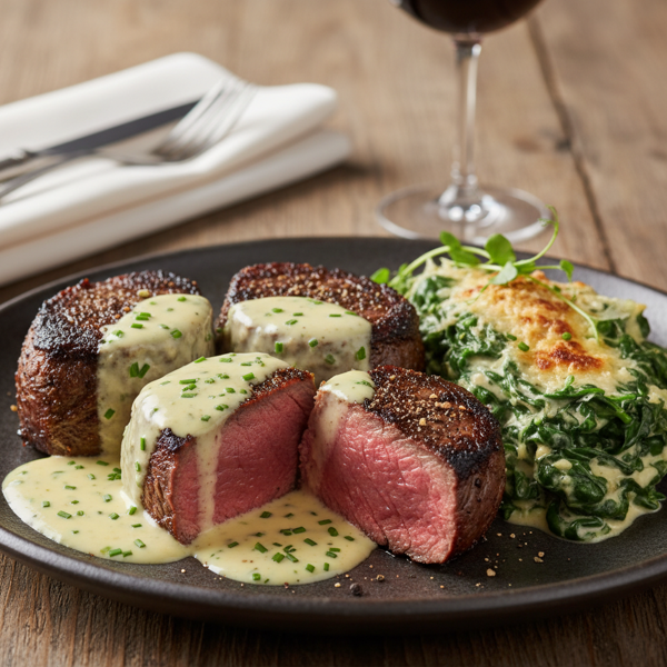 Perfectly Seared Beef Tenderloin Steaks with Bearnaise Sauce and Creamed Spinach recipe