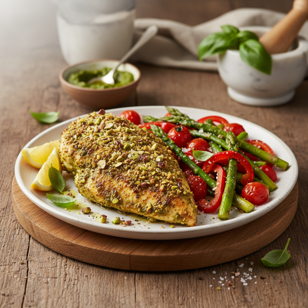 Pesto-Crusted Chicken with Roasted Asparagus Medley recipe