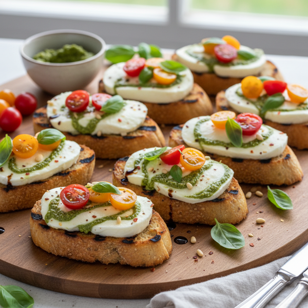 Pesto-Infused Fresh Mozzarella Bruschetta Delight recipe