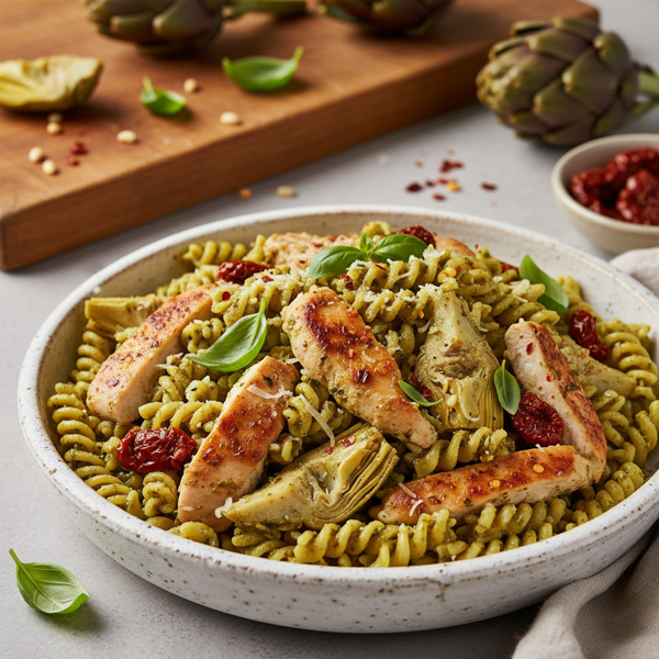 Pesto Chicken Pasta with Artichokes and Sun-Dried Tomatoes recipe