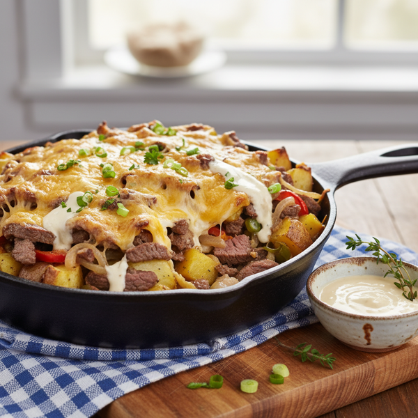 Philly Cheese Steak Loaded Potato Bake recipe