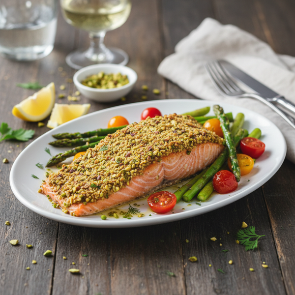 Pistachio-Crusted Salmon with Asparagus and Cherry Tomatoes recipe