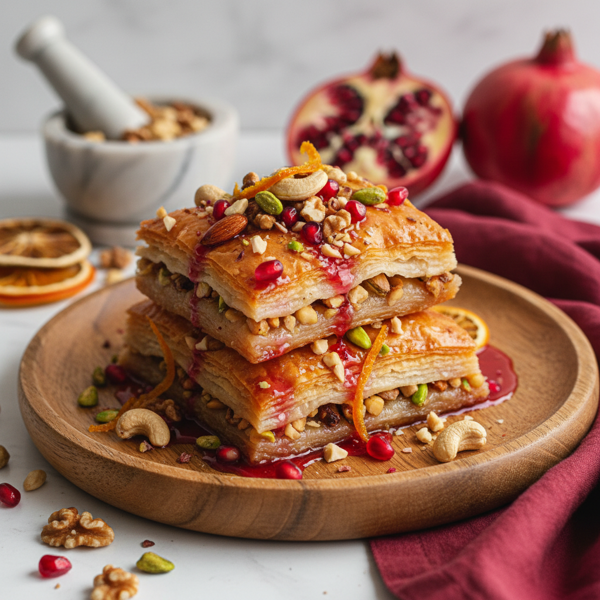 Pomegranate-Orange Infused Baklava with Nut Medley recipe