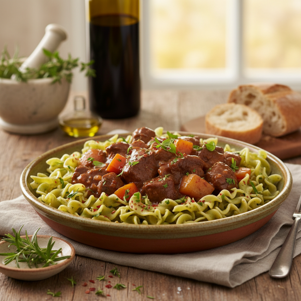 Provençal Beef Stew with Herb-Infused Noodles recipe