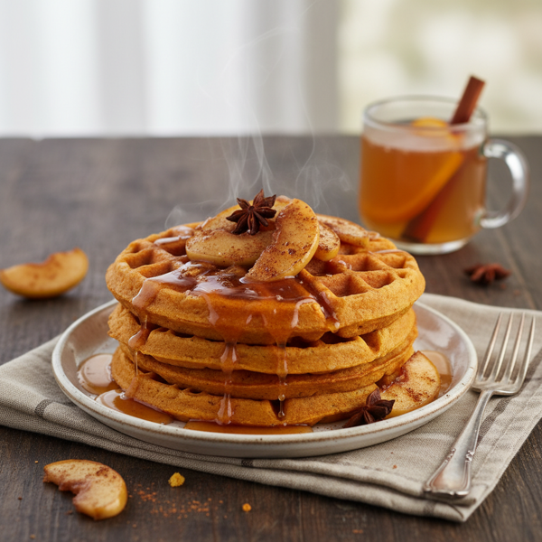 Pumpkin Spice Waffles with Cinnamon-Glazed Apples and Warm Apple Cider Syrup recipe