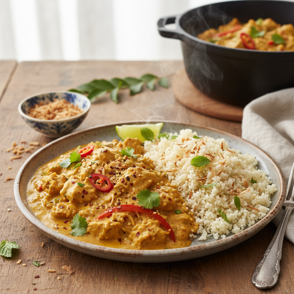 Quick Rotisserie Chicken Curry with Coconut Infused Couscous recipe