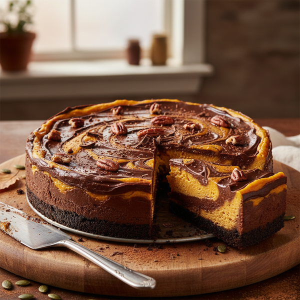 Rich Dark Chocolate and Pumpkin Swirl Cheesecake recipe