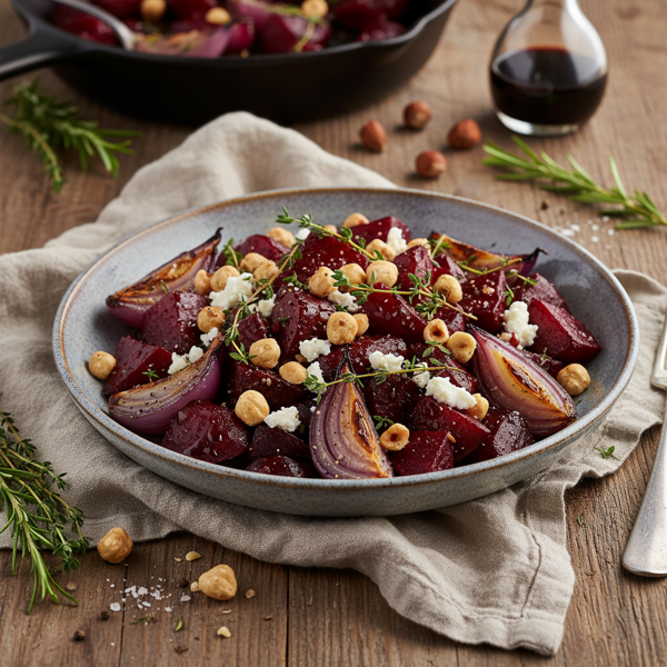 Roasted Balsamic Beet & Red Onion Salad with Hazelnuts recipe