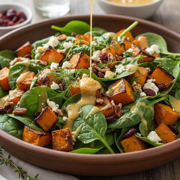 Roasted Butternut Pumpkin & Spinach Salad with Honey Mustard Dressing recipe