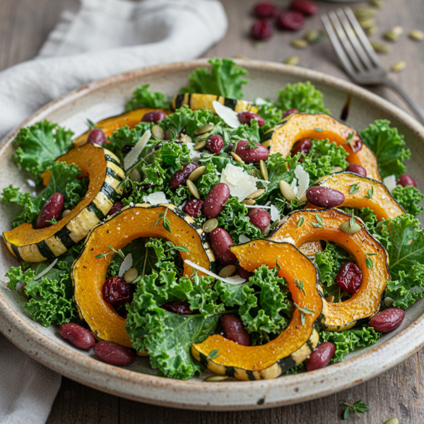 Roasted Delicata Squash and Kale Salad with Cranberry Beans recipe